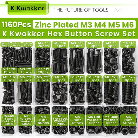 All In One 1160Pcs M3 M4 M5 M6 Nuts And Bolts Kit With Lock Washers Zinc Plated Hex Button Head Screws 12.9 Alloy Steel