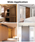 Four modern rooms with the 6+6 Ft Sliding+Barn Door Hardware Kit for heavy duty closet and cabinet doors installed, showcasing various styles and finishes.