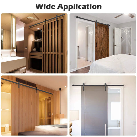 Four modern rooms with the 6+6 Ft Sliding+Barn Door Hardware Kit for heavy duty closet and cabinet doors installed, showcasing various styles and finishes.