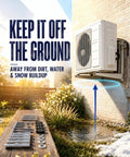 Heavy Duty Mini Split Wall Mount Bracket for Outdoor Units shown installed, lifting AC unit off the ground, preventing snow buildup