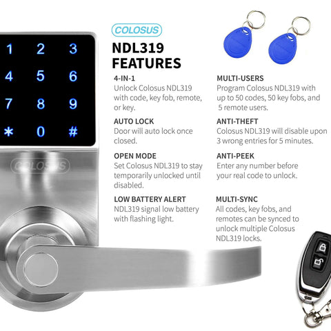 No More Keys Keyless Door Lock With Touchscreen Key Fobs Remote Control And PIN Entry For Home Office Or Commercial Use Four Entry Modes RFID Easy Install Durable Silver Finish close-up
