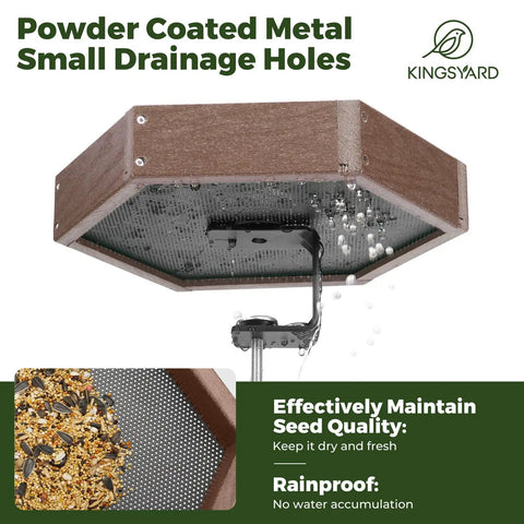 Clamp On Deck Bird Feeder With 11 Inch Hexagon Tray No Drill Balcony Railing Mount showing metal mesh drainage system