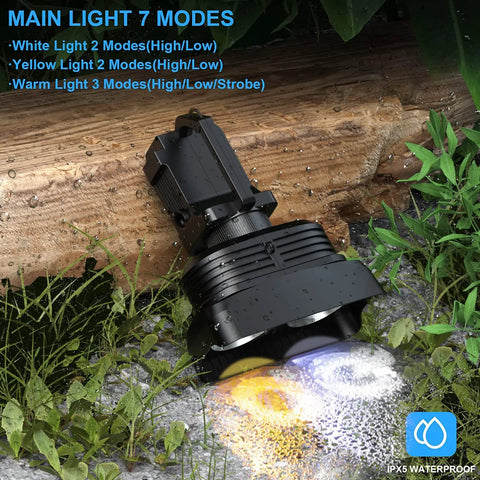 Rechargeable Spotlight 900,000 Lumens Handheld LED Flashlight resting on grass with IPX5 waterproof feature, showing light modes.
