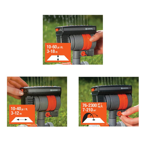 ZoomMaxx Adjustable Sprinkler With Built In Timer And Weighted Base Delivers Precise Watering For 96 To 2300 Sq Ft No Fuss Setup Works With Any Hose Brand German Engineering 5 Year Warranty showing spray range settings
