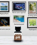 Bottle of pH Test Kit 4.5 To 9.5 For Freshwater And Saltwater Aquariums Aquaculture Ponds Groundwater Drinking Water Pool Soil And Hydroponics With 400 Tests Easy To Use Accurate Water Quality Monitor with image grid showing water applications.