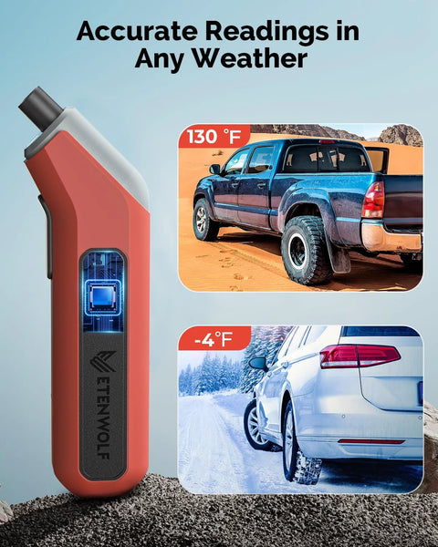ETENWOLF T300 Plus digital tire pressure gauge, vivid orange, close-up with bright LED display (200 PSI)