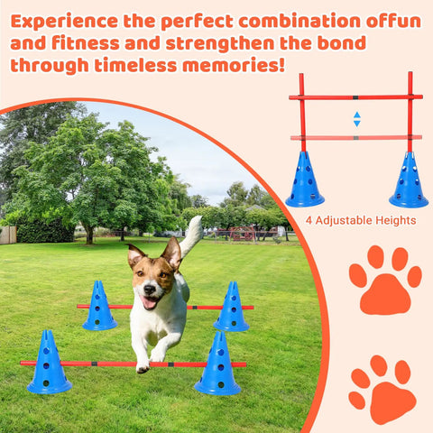 Dog Agility Cone Set With 12 Cones And 6 Adjustable Hurdles For Four Height Levels, dog jumping over hurdles outdoors