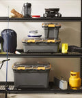 Heavy Duty IP68 Waterproof Plastic Storage Tote Featuring Tough As Nails Gasket Seal And Secure Latches Rugged Gray Bin on shelving unit