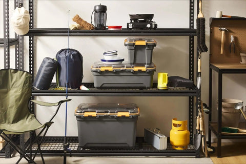 Heavy Duty IP68 Waterproof Plastic Storage Tote Featuring Tough As Nails Gasket Seal And Secure Latches Rugged Gray Bin on shelving unit