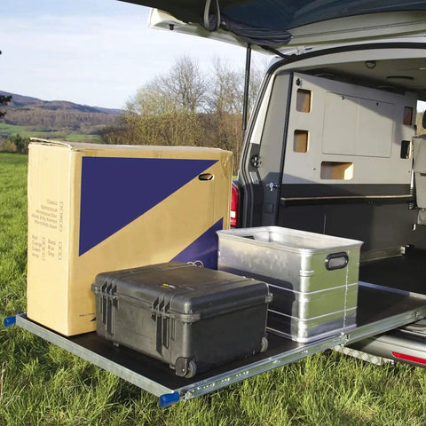 Tough As Nails Telescopic Drawer Slides With Lock Full Extension Heavy Duty Ball Bearing Drawer Runners Handles Up To 265 Pounds Super Slick Glide Cabinet Hardware One Pair displaying boxes on an extended drawer in a vehicle.