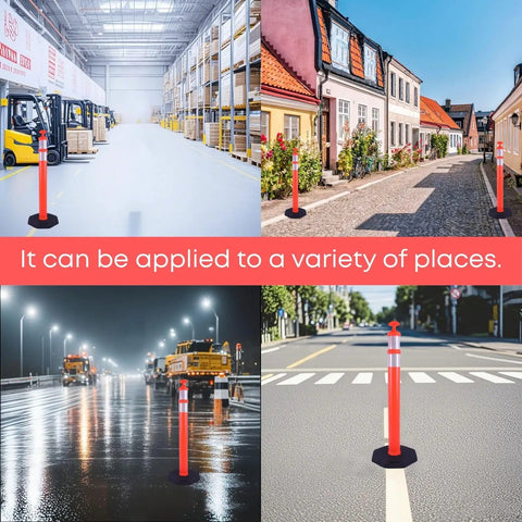 Real McCoy Heavy Duty Traffic Delineator Posts With Weighted Rubber Bases And Bright Reflective Strips For Parking Lot Safety Markers Road Construction Warning Stakes 42 Inch Tall Six Pack in various environments.