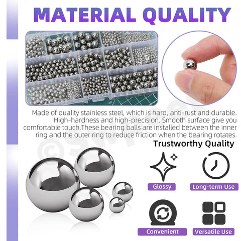 Premium Assorted Stainless Steel Ball Bearings Kit Featuring Three Hundred Pieces in Twelve Precise Sizes For Hassle Free Bicycle Repairs Ultra Smooth Caster Wheels And Quick Garage Fixes with multiple sizes displayed in a storage case.