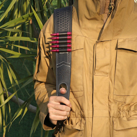 Hunter with Slip On Rifle Sling With Cartridge Holder Leather Gun Strap With Swivels And Thumb Loop Adjustable Carry Strap