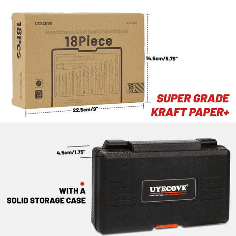 Package and storage case for 18 Piece Screw Extractor Set With Left Hand Drill Bits For Removing Broken Bolts And Stripped Screws Pro Grade Heavy Duty HSS Steel Cobalt Kit Including Multiple Sizes for Auto Truck Home and Workshop