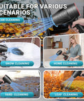 Dual 21V Cordless Leaf Blower in use for car, snow, home, yard, and leaf cleaning, showing its versatility.