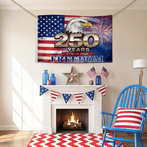 Double Sided 3x5 Ft Patriotic USA Flag With 2 Brass Grommets for 250th Anniversary, eagle and fireworks, hanging on wall above fireplace