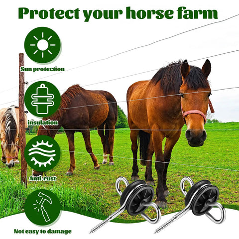 12 Pack Black Electric Fence Insulators With Screws And Post Anchors For Ring Wooden Posts And Gate Handles in a farm setting