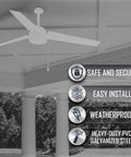 Outdoor Ceiling Fan And Luminaire Box White Round Weatherproof Electrical Box for ceiling fans shown installed on a porch ceiling.