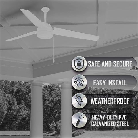 Outdoor Ceiling Fan And Luminaire Box White Round Weatherproof Electrical Box for ceiling fans shown installed on a porch ceiling.