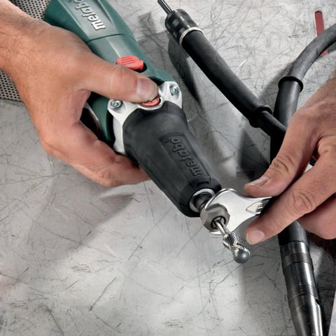 Heavy Duty Variable Speed Die Grinder With Badass High Torque Planetary Gears And Easy Swap Spindle Lock in use with quick change collet.