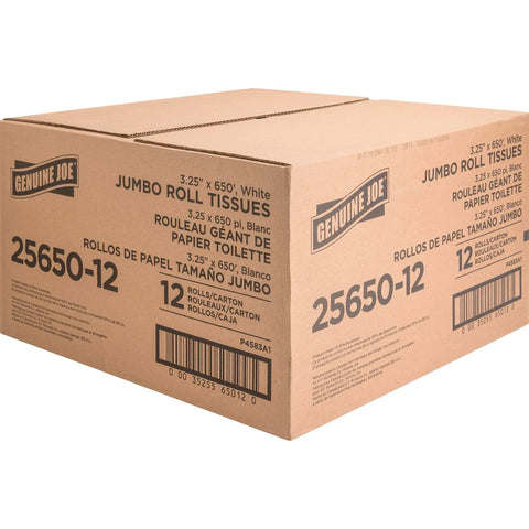Box of Jumbo 2 Ply Bath Tissue For Commercial Dispensers, Unscented White Toilet Paper Roll 3.3 Inch By 650 Foot, 12 Count Bulk Pack