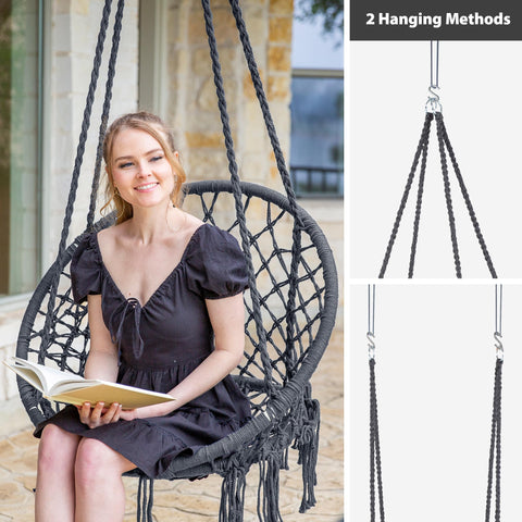Chill Out Hammock Chair With Macrame Swing, Handwoven Cotton Rope, Indoor Outdoor Cozy Swing with two hanging methods shown