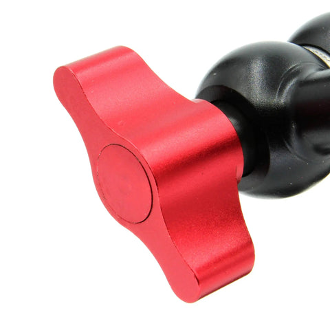 Close-up of red knob on Heavy Duty 11 Inch Articulated Arm For Cameras And Lights, 12 Pound Load Capacity, Sturdy Metal Construction