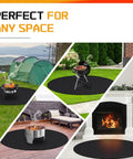 40 Inch Round Fire Pit Mat For Decks And Patios Double Sided Fireproof Under Grill Mat Heat Resistant Lawn Protector Shield displayed in various settings including grass, patio, and fireplace.