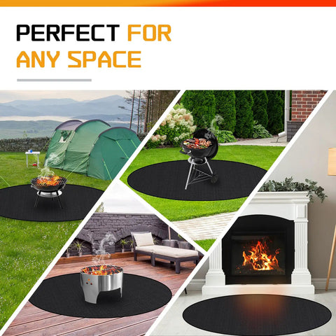 40 Inch Round Fire Pit Mat For Decks And Patios Double Sided Fireproof Under Grill Mat Heat Resistant Lawn Protector Shield displayed in various settings including grass, patio, and fireplace.