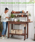 Mobile Garden Potting Bench With Sliding Tabletop Outdoor Wood Workstation Table On Wheels 4 Locking Casters