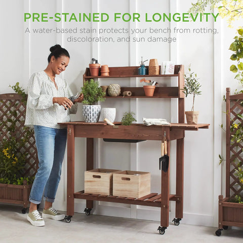 Mobile Garden Potting Bench With Sliding Tabletop Outdoor Wood Workstation Table On Wheels 4 Locking Casters