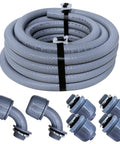 Half Inch Non Metallic Liquid Tight Conduit Kit with 25 ft Type B PVC, 4 straight and 2 90 degree fittings, made in USA, oil-resistant