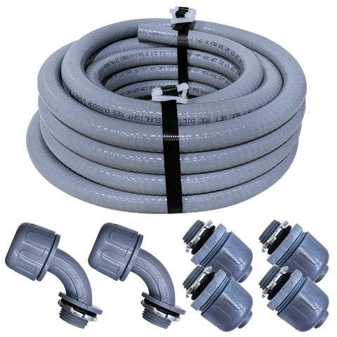 Half Inch Non Metallic Liquid Tight Conduit Kit with 25 ft Type B PVC, 4 straight and 2 90 degree fittings, made in USA, oil-resistant