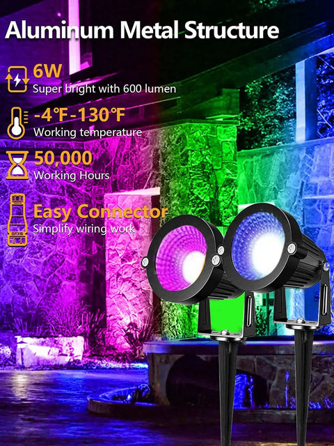 6W RGB LED Landscape Lights With Remote Control illuminating outdoor garden with vibrant colors, showcasing aluminum structure.