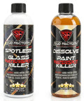 Two-bottle Water Spot Remover Bundle upgraded for glass and paint, destroys water spots on glass, paint, and chrome.