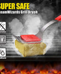 No Bristle Grill Brush With Replaceable Cleaning Head by SteamWizards, seamless fit scraper tool for grill grates, red handle, safe for cleaning.