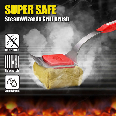 No Bristle Grill Brush With Replaceable Cleaning Head by SteamWizards, seamless fit scraper tool for grill grates, red handle, safe for cleaning.