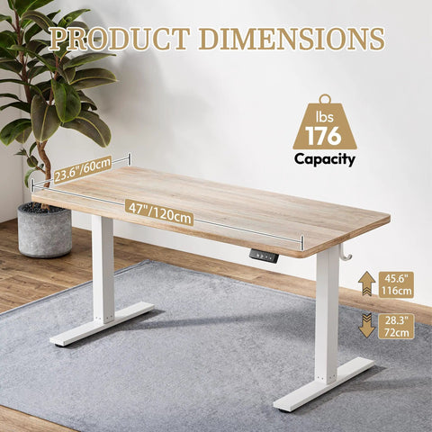Sleek Tile Adjustable Height Sewing Table, 47 Inch Maple Workbench dimensions showing height adjustments and design.
