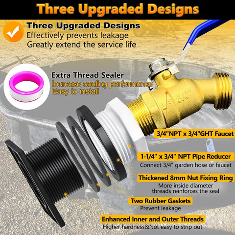 Stock tank drain plug kit with brass faucet; exploded view showing 1-1/4 in x 3/4 in reducer and 3/4 in fittings