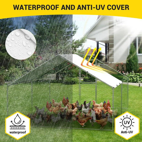 Huge Walk In Metal Chicken Coop with Heavy Duty Poultry Cage showcasing waterproof and UV-resistant cover in backyard
