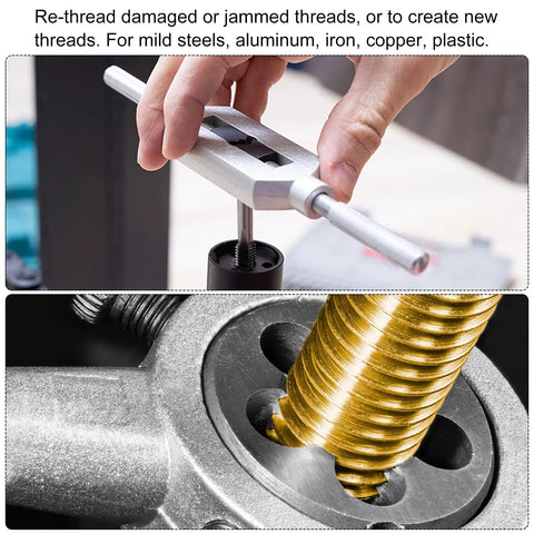 Three Piece Metric Hand Tap And Die Set M12 X 1.5 Right Hand Taps With Round Die shown in metal threading application