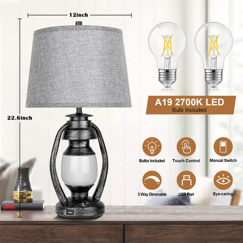 3-Way Dimmable Touch Control Table Lamps Set Of 2 With Cozy Farmhouse Lantern Nightlight, 23 Inch Bedside USB Lamp With A19 LED Bulbs