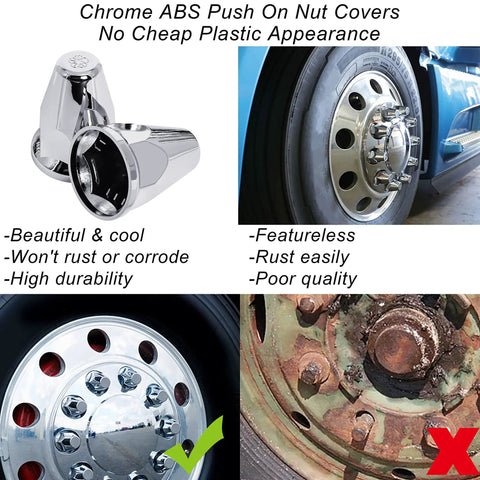 Chrome 33mm Push On Lug Nut Covers 60 Pack For Truck Wheels, Chrome Plastic Bullet Style Caps, Two And Five Eighths Inch Tall