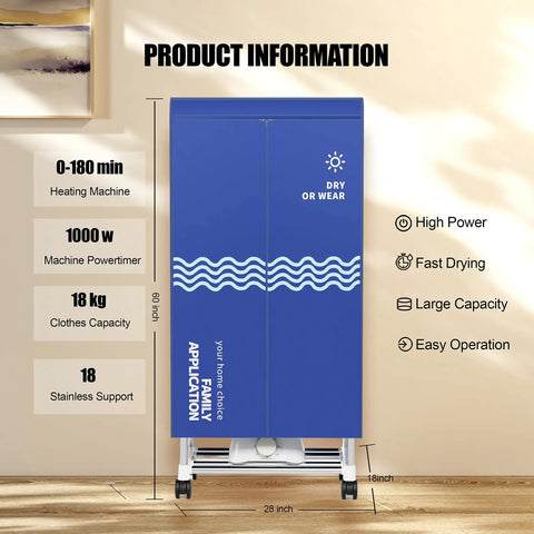 Portable Clothes Dryer With Timer, 60 Inch Laundry Wardrobe Dryer Rack For Home Easy Setup, Ocean Blue full view