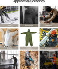 Collage showcasing Pro Grade Sand Blasting Hood Suit With Clear Visor, Ventilated Protective Splash Gear for various industrial uses.