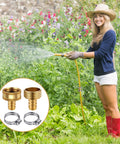 Four Pack One Half Inch Garden Hose Repair Connector Kit With Male And Female Fittings Tape Stainless Steel Clamp And Three Quarters Inch Rubber Gasket For Leak Free DIY Hose Fixes No Mess Quick Fix with a woman watering garden