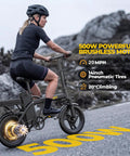 Rider on a compact electric dirt bike for adults with 14 inch tires, 48V battery, 500W motor, foldable and lightweight, 20 MPH on trail