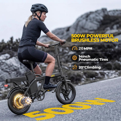 Rider on a compact electric dirt bike for adults with 14 inch tires, 48V battery, 500W motor, foldable and lightweight, 20 MPH on trail