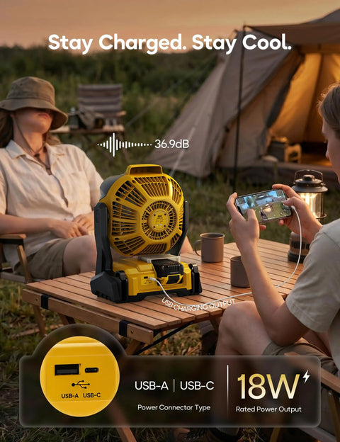 Cordless Misting Fan For DeWalt 20V Max Battery on outdoor table during camping, USB ports visible, personal cooling setup