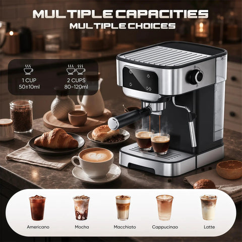 Level Up Your Daily Grind With This Dope Compact Espresso Machine Featuring 20 Bar Pressure Pump, showing espresso extraction and coffee options.